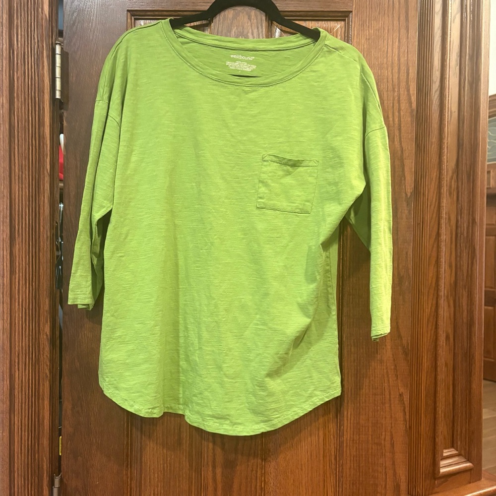 Westbound $38 Lime Green Slub 100% Cotton Pocket Tee 3/4 Sleeve Large P2P 21-22” - Picture 3 of 9